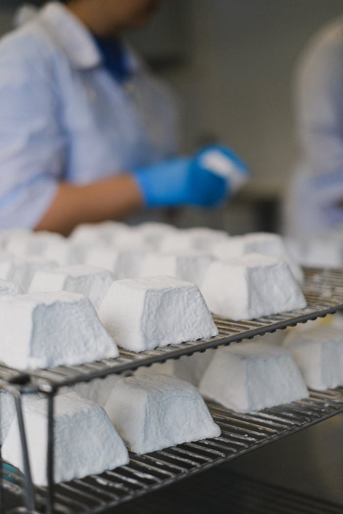 Close-up of cheese maturation on racks in a dairy production setting.